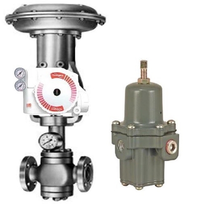 Válvula de control neumático blanca y roja con el Doctor en Medicina oner del posicionador UAS Logix 3200 de Flowserve