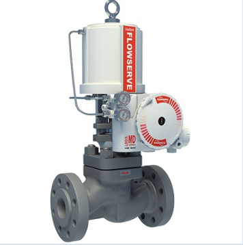 Válvula de control neumático blanca y roja con Doctor en Medicina del posicionador UAS Logix 3200 de Flowserve