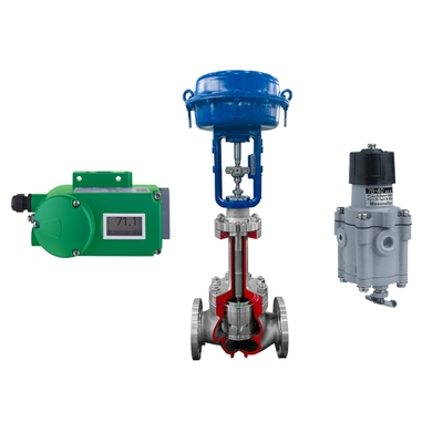 Válvula de control de flujo con posicionador de válvula Foxboro SRD998 y regulador de filtro Fisher 67CFR