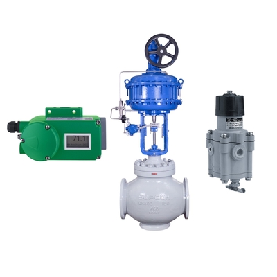 Válvula de control de flujo con posicionador de válvula Foxboro SRD998 y regulador de filtro Fisher 67CFR