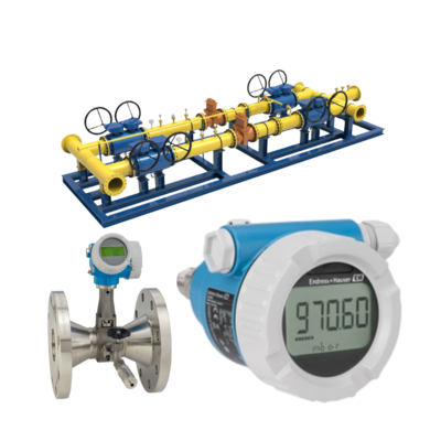 Patín de válvula de gas natural equipado con un caudalímetro Proline Prowirl R 200 de Endress+Hauser y un transmisor de presión Deltabar PMC51B.