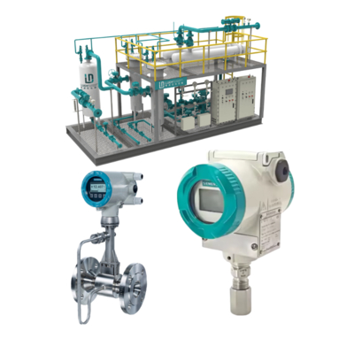 Transmisor de presión Siemens SITRANS P320 7MF0300, caudalímetro vortex SITRANS FX330 y colector de válvula de control de flujo