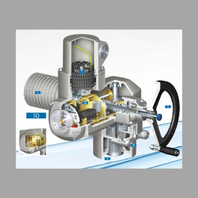 Válvula de bola motorizada con un reductor de giro parcial AUMA GS y un actuador eléctrico universal modular de giro múltiple SA.