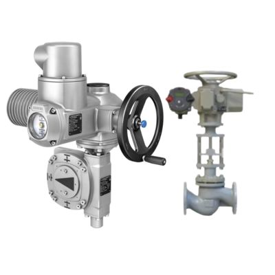 Válvula de bola motorizada con un reductor de giro parcial AUMA GS y un actuador eléctrico universal modular de giro múltiple SA.