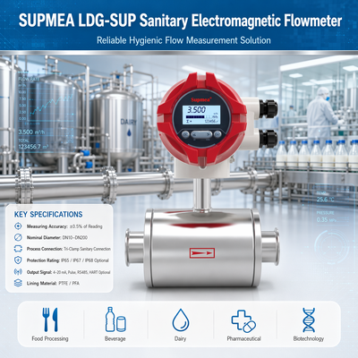 Supmea LDG-SUP LDG-SUP-A100 Medidor de flujo electromagnético higiénico Medidor de flujo de líquido conductor de procesos farmacéuticos