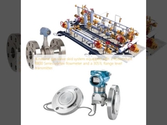 Un sistema de patín de válvula de gas natural equipado con un caudalímetro de vórtice Rosemount serie 8800 y un transmisor de nivel de brida 3051L.